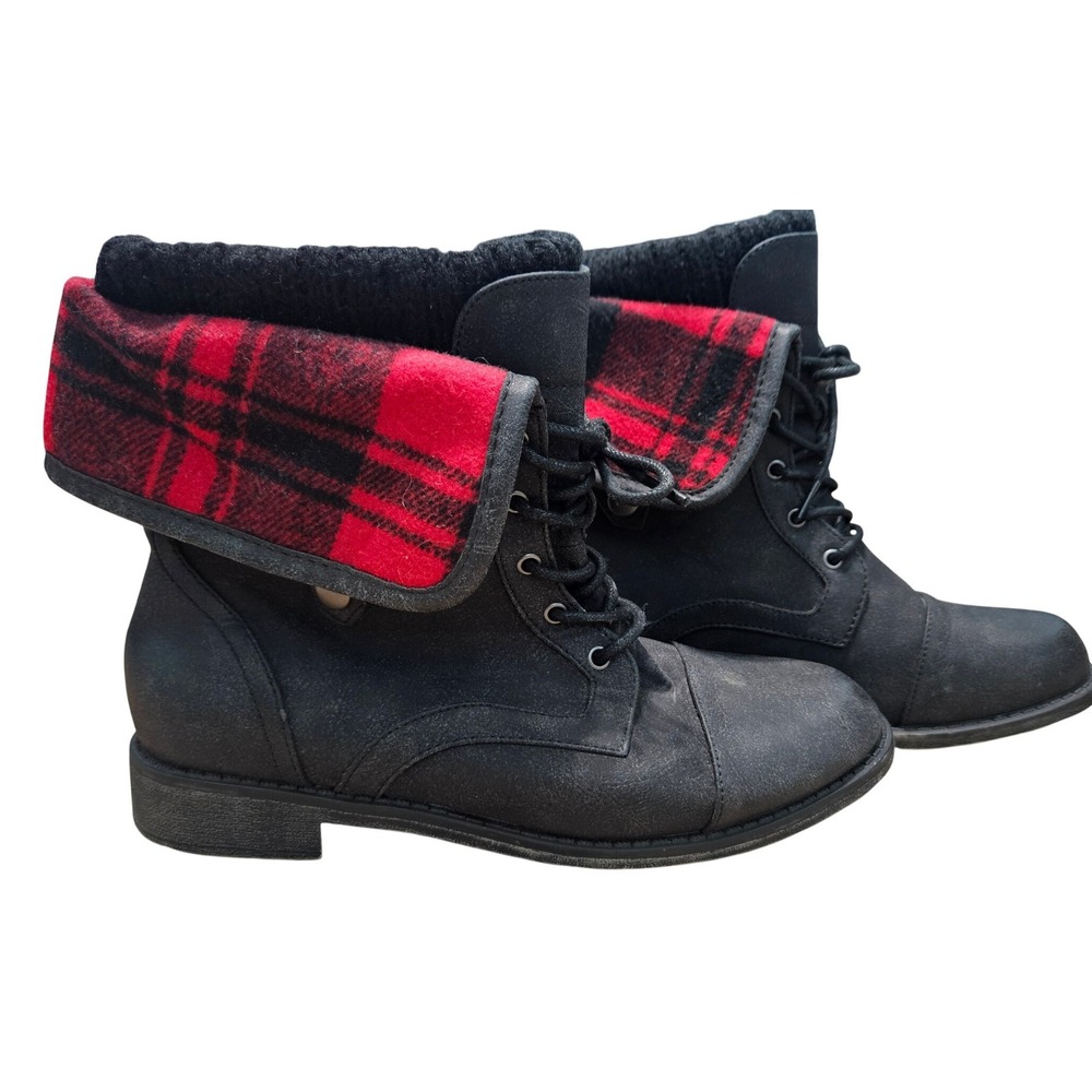 Just Fab Black Faux Suede Red Plaid Fold Over Combat Boots Womens Size 7 Grunge